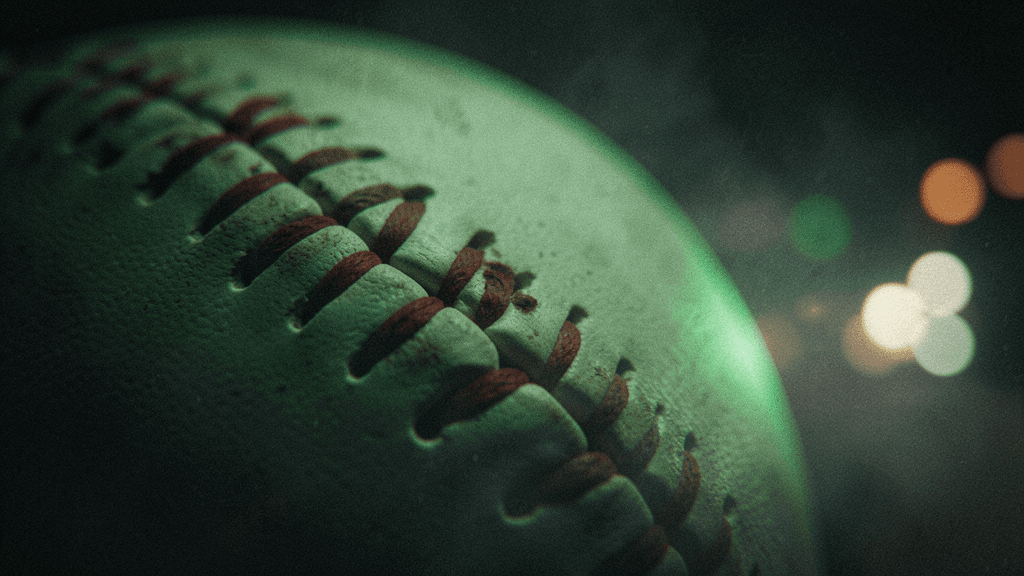 Close baseball action with tactile grain, deep shadows, and focused stadium highlights