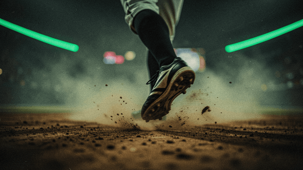 Baseball slide captured with directional blur and a bright line cutting through the frame