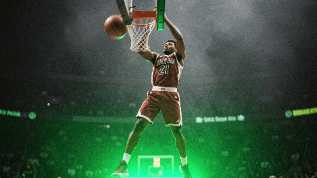 Basketball player cutting through a dark arena under sharp green and blue light