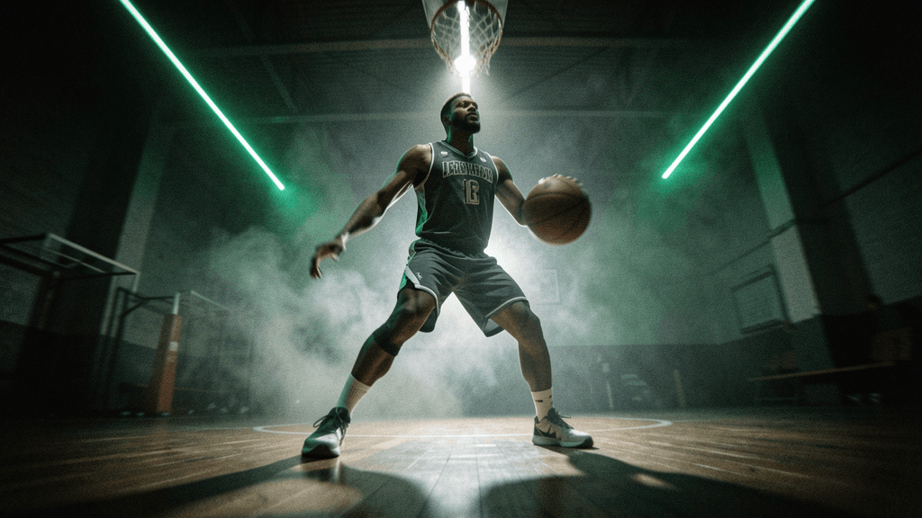 Low-angle basketball action beneath a dramatic arena ceiling and green rim light