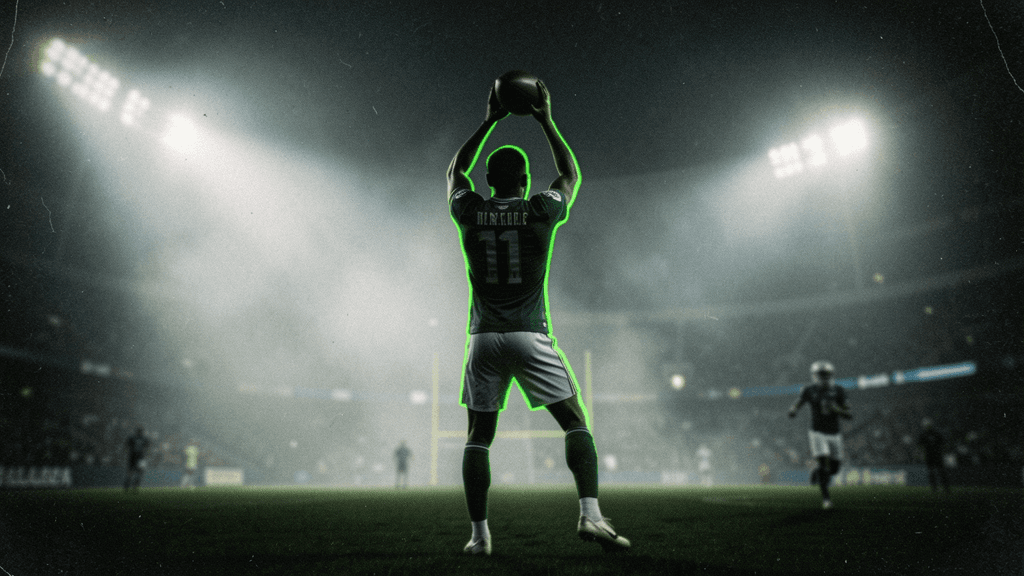 Football catch suspended in stadium light with cinematic depth and motion
