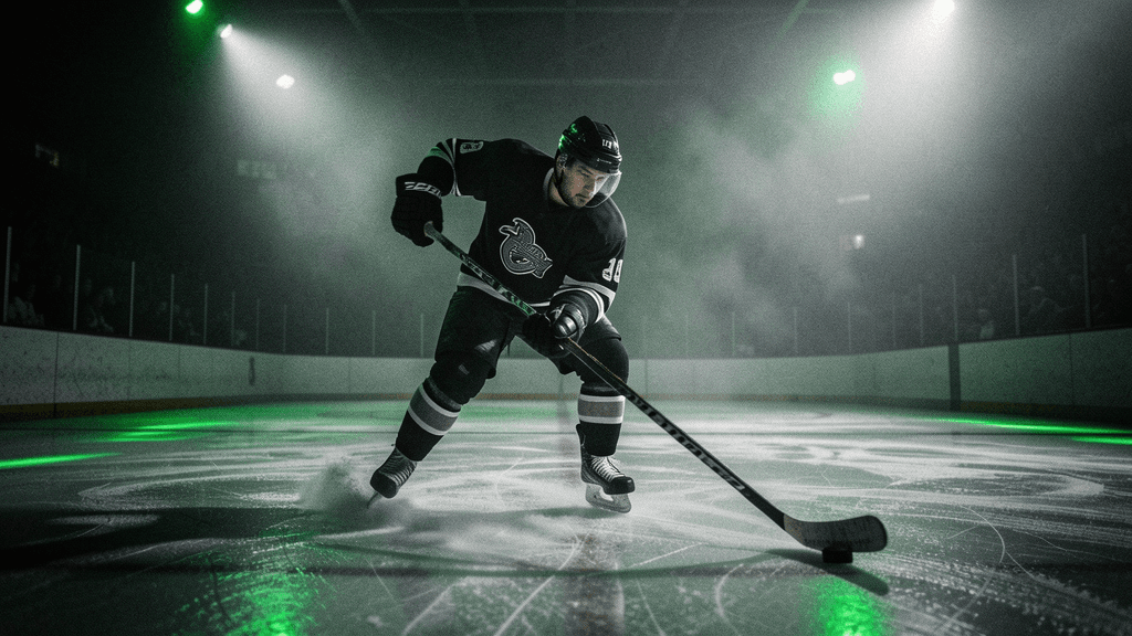 Hockey player cutting across blue ice beneath high-contrast arena lighting