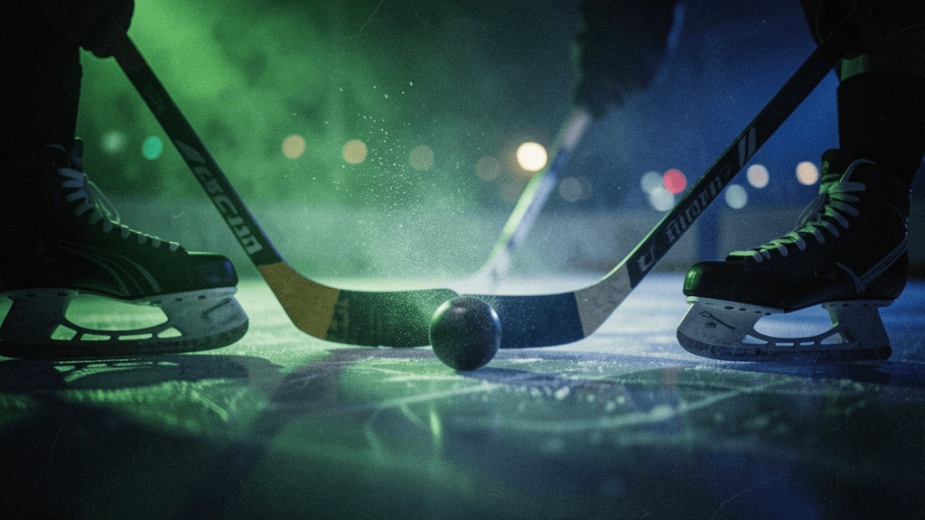 Close hockey action with a concentrated signal glow and dark surrounding noise