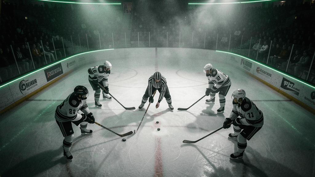Hockey faceoff staged as a direct side-by-side market comparison