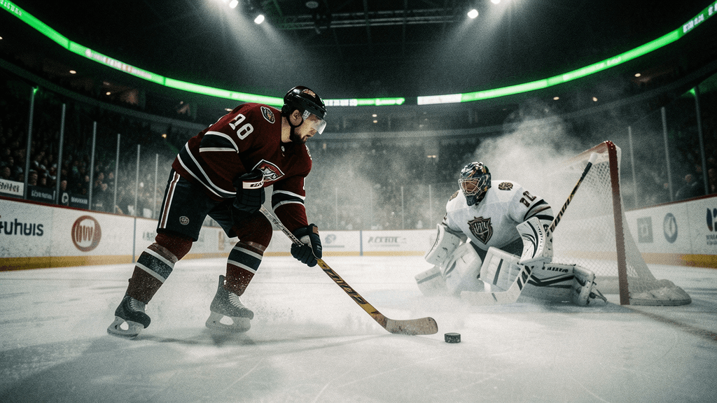 Hockey shot frozen against blue ice with speed trails and stark arena light