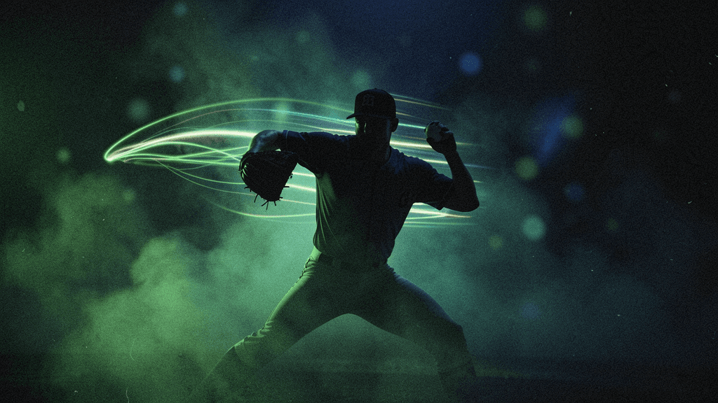 Pitcher silhouette emerging from stadium haze with a high-contrast release point