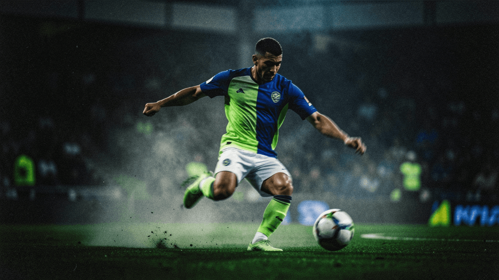 Fast field-sport action with a long directional trail and dark stadium atmosphere