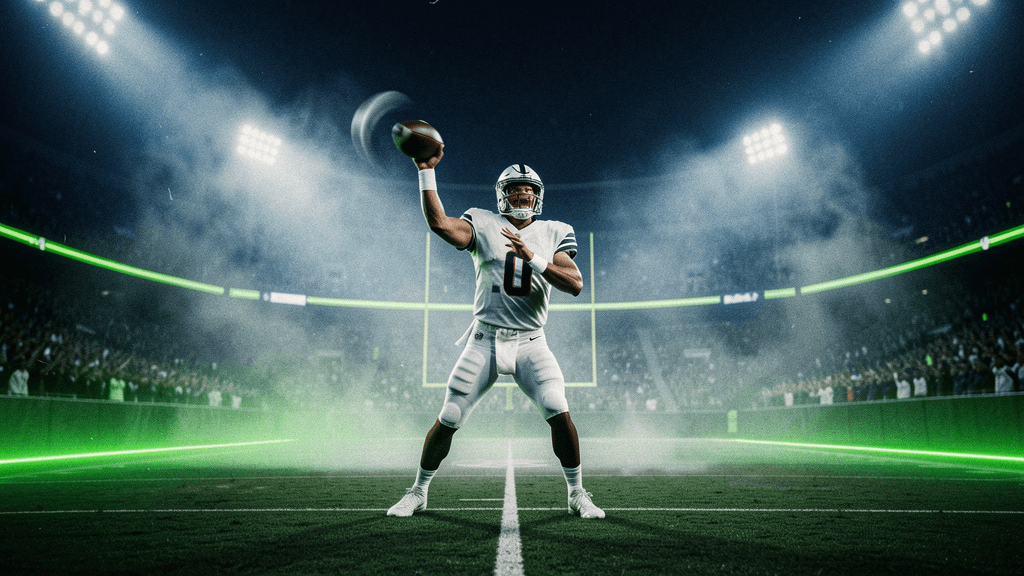 Dark football field atmosphere with sharp yard-line geometry and luminous accents