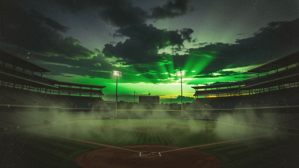 Layered stadium silhouette with atmospheric light and restrained data geometry