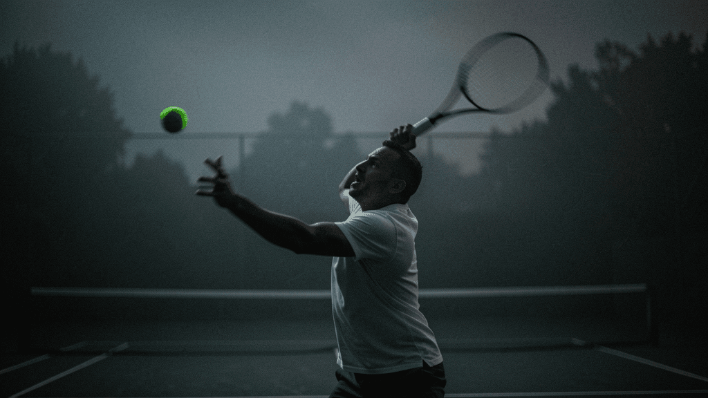 Tennis action isolated against a dark graphic field with precise directional light