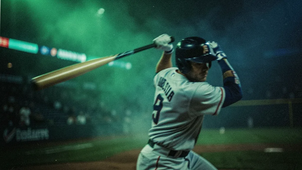Baseball player framed by a dark stadium with cinematic motion and lime highlights