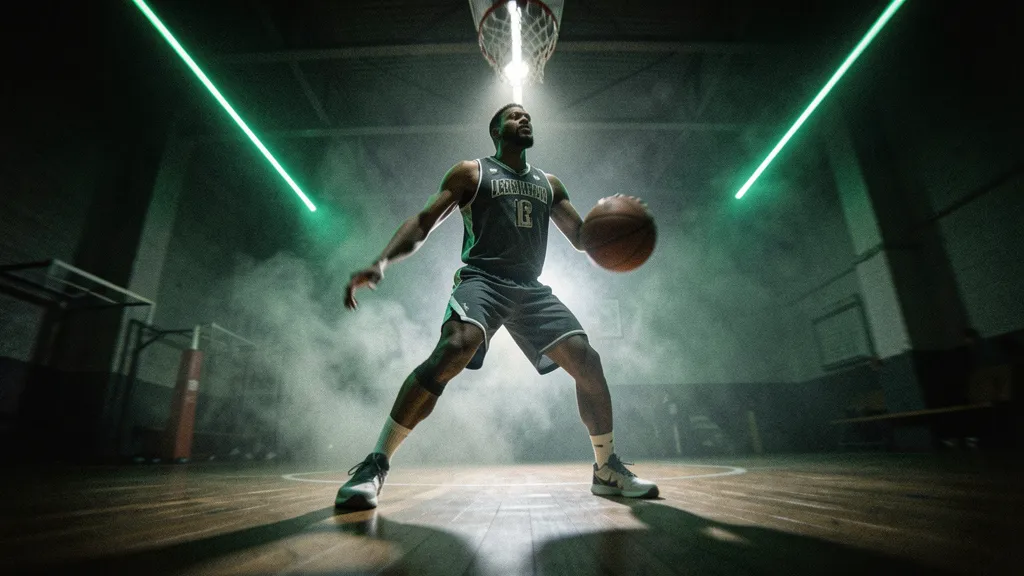 Low-angle basketball action beneath a dramatic arena ceiling and green rim light