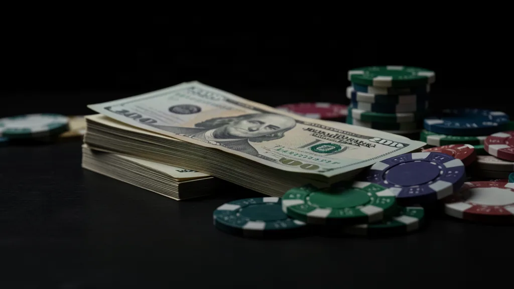 Calm bankroll-control composition using approved dark sports imagery and measured grid lines