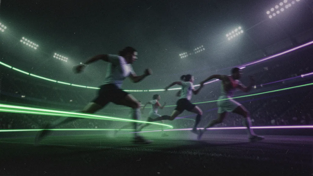 Abstract dark sports field with luminous green and blue motion lines