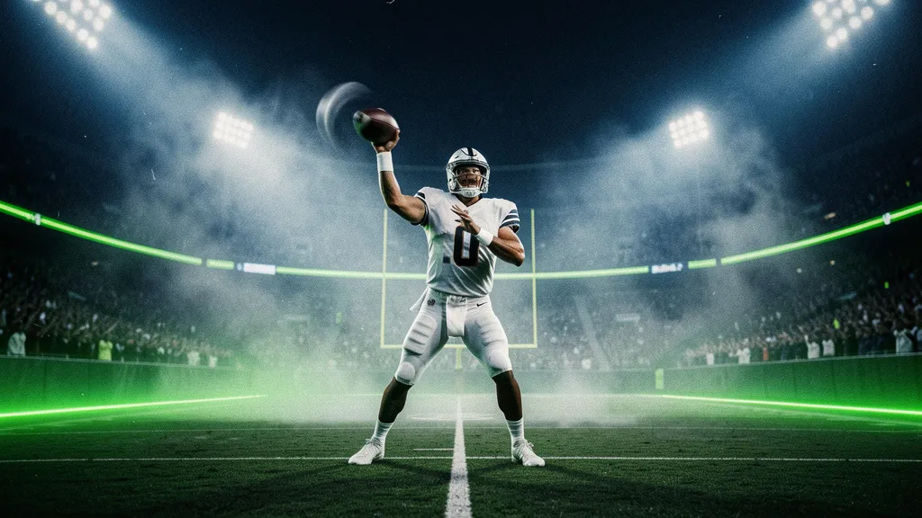 Dark football field atmosphere with sharp yard-line geometry and luminous accents