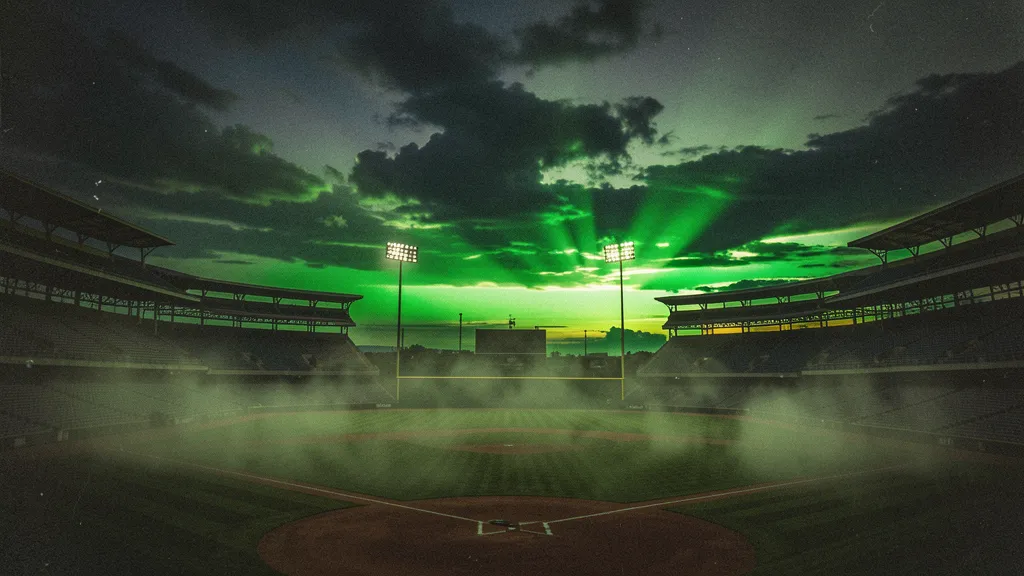 Layered stadium silhouette with atmospheric light and restrained data geometry