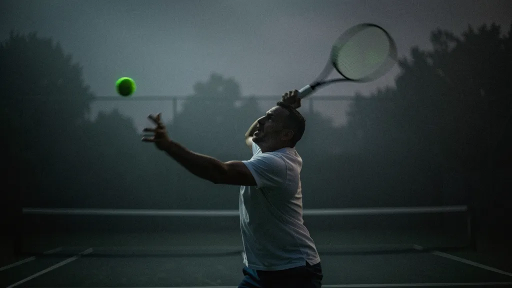 Tennis action isolated against a dark graphic field with precise directional light